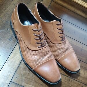 Kenneth Cole Mens 11M Woven Brown Leather Cap-toe Brown Dress Career Tie Shoes